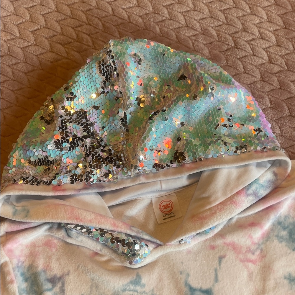 🔥4/$20 Wonder Nation Girls Plush Pullover with sequined hood - size 10/12 - Picture 2 of 12